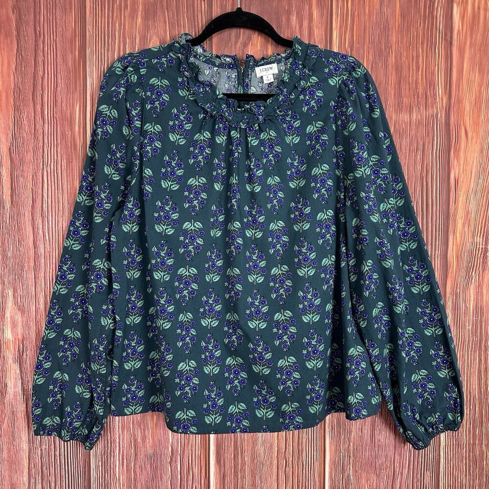 J Crew Long Sleeve Ruffle-Neck Poplin Green Floral Blouse Size Large Cottagecore - Picture 2 of 6
